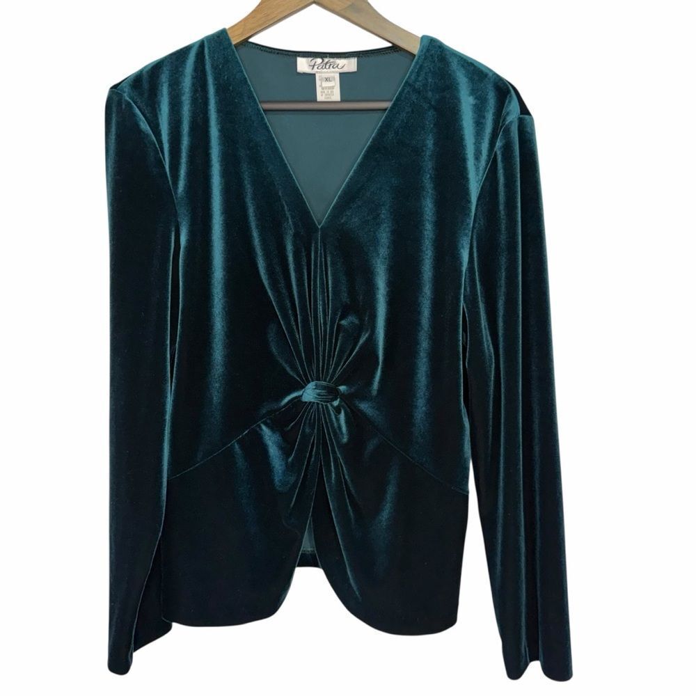 Vintage Patra Knot-Detail Velvet Top size XL Emerald Green Long Sleeve V-Neck